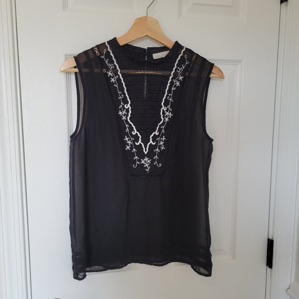 Hinge Sheer Black Sleeveless Top with white embroidery women's size small